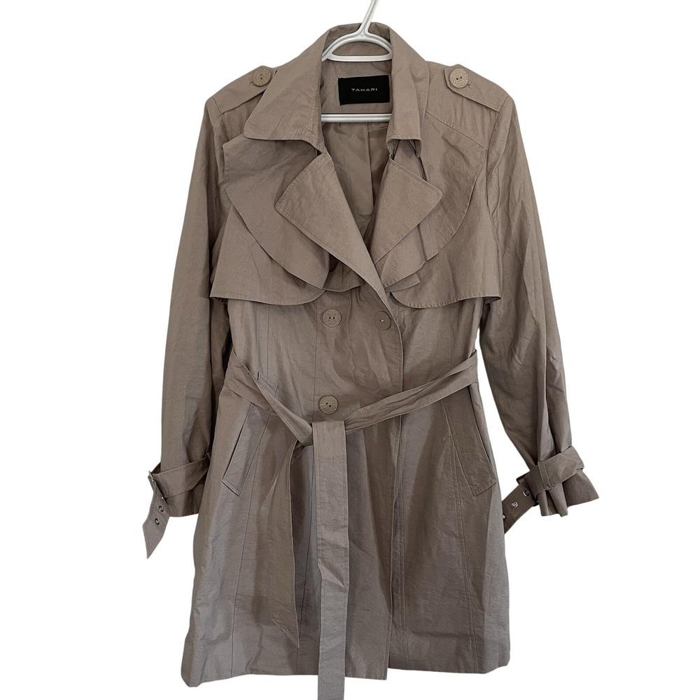 EUC Womens Tahari Tan Beige Neutral Trench Coat Ruffles Belt Dressy Nylon Medium - Picture 1 of 10